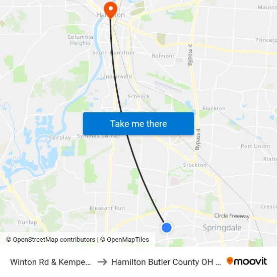 Winton Rd & Kemper Rd to Hamilton Butler County OH USA map