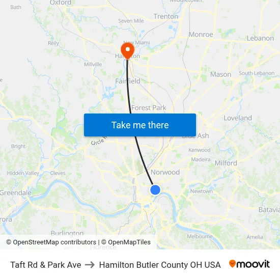 Taft Rd & Park Ave to Hamilton Butler County OH USA map