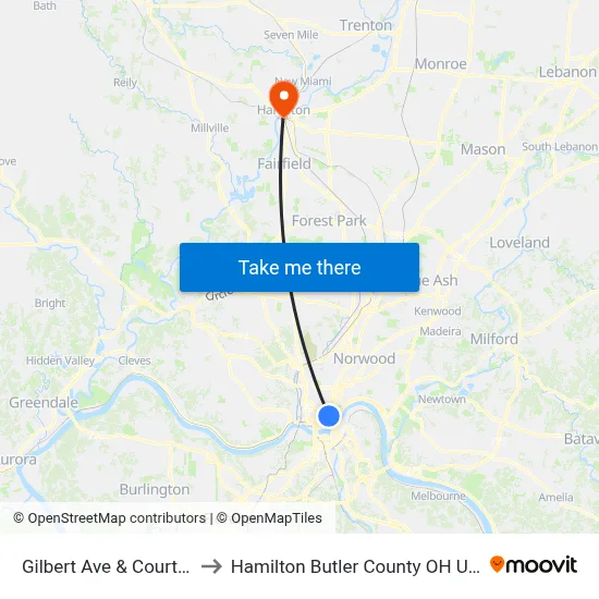 Gilbert Ave & Court St to Hamilton Butler County OH USA map