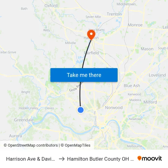 Harrison Ave & Davis St to Hamilton Butler County OH USA map