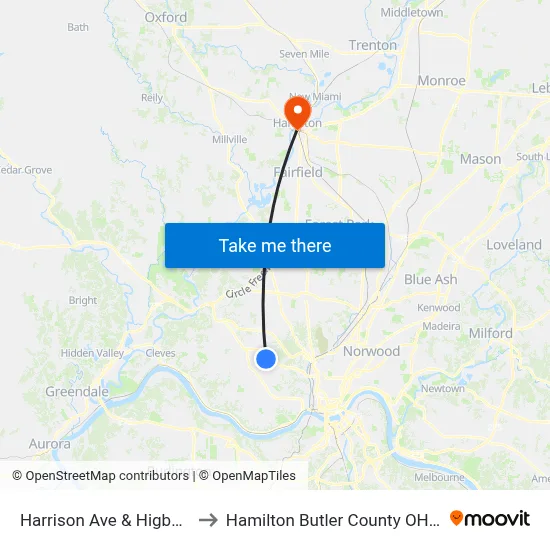 Harrison Ave & Higbee St to Hamilton Butler County OH USA map