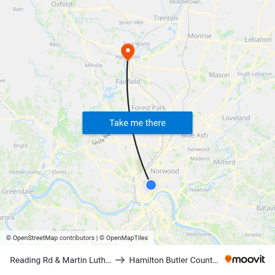 Reading Rd & Martin Luther King Dr to Hamilton Butler County OH USA map