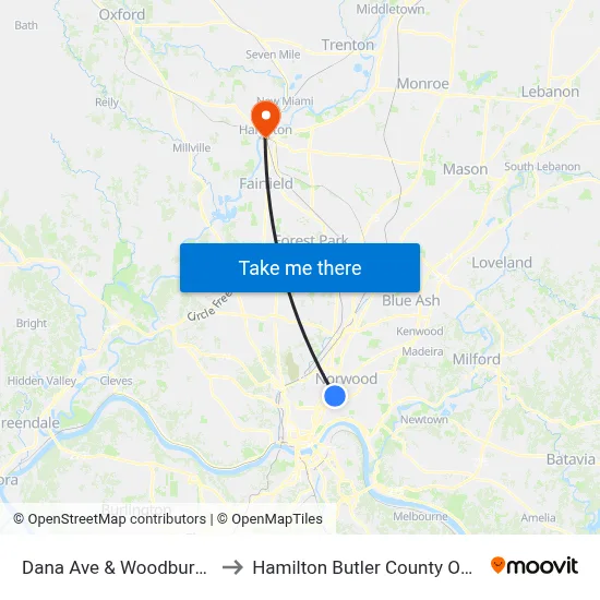 Dana Ave & Woodburn Ave to Hamilton Butler County OH USA map