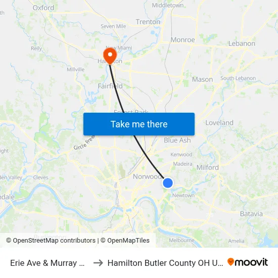 Erie Ave & Murray Ave to Hamilton Butler County OH USA map