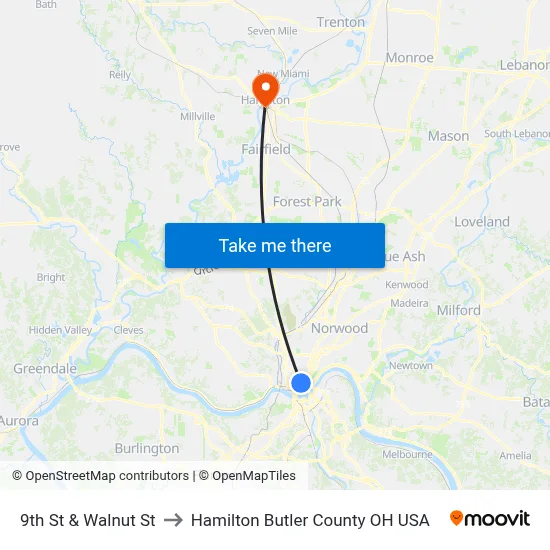 9th St & Walnut St to Hamilton Butler County OH USA map
