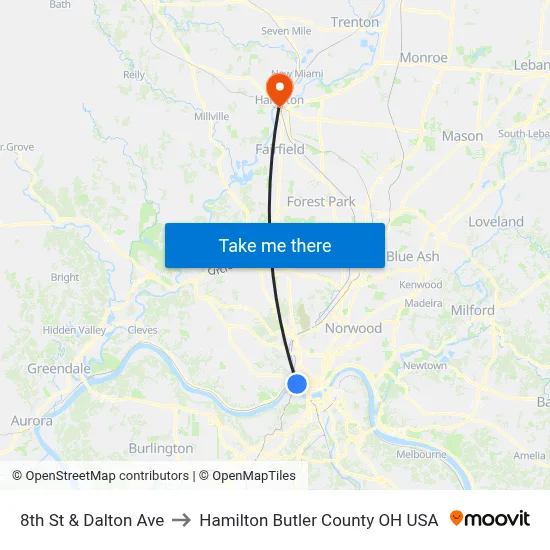 8th St & Dalton Ave to Hamilton Butler County OH USA map