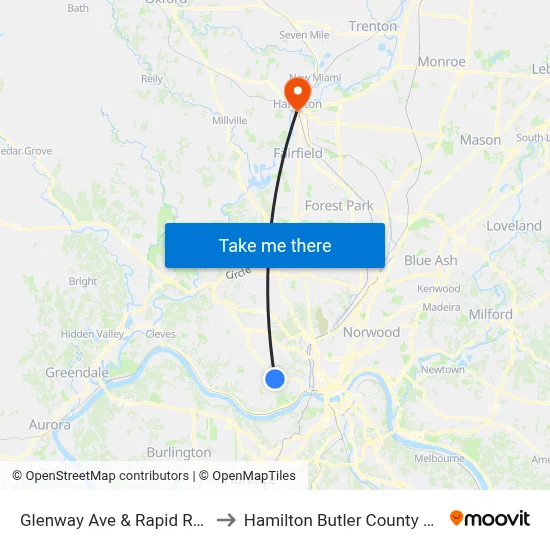 Glenway Ave & Rapid Run Pike to Hamilton Butler County OH USA map