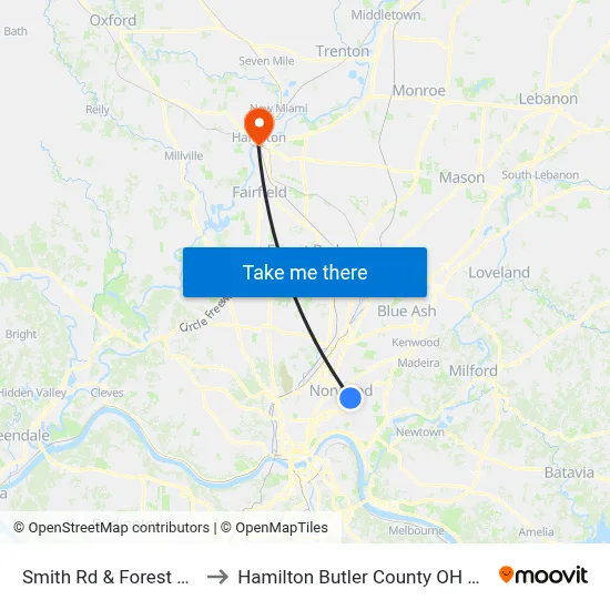 Smith Rd & Forest Ave to Hamilton Butler County OH USA map
