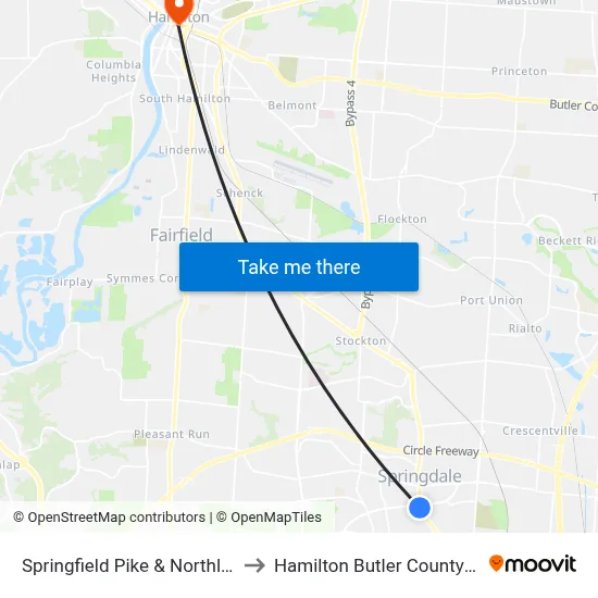 Springfield Pike & Northland Blvd to Hamilton Butler County OH USA map
