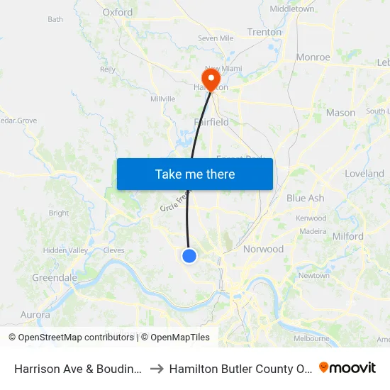 Harrison Ave & Boudinot Ave to Hamilton Butler County OH USA map