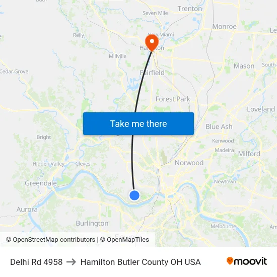 Delhi Rd 4958 to Hamilton Butler County OH USA map