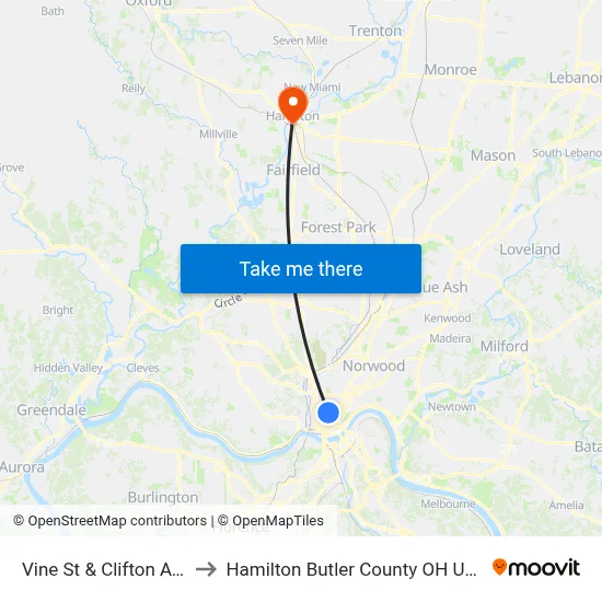 Vine St & Clifton Ave to Hamilton Butler County OH USA map