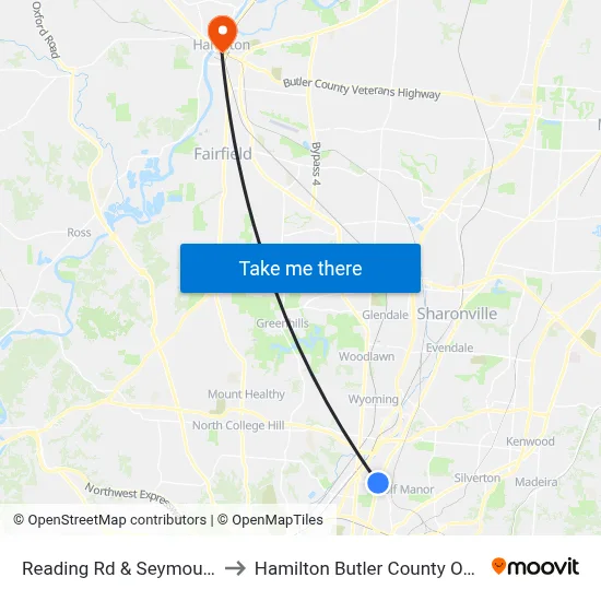 Reading Rd & Seymour Ave to Hamilton Butler County OH USA map