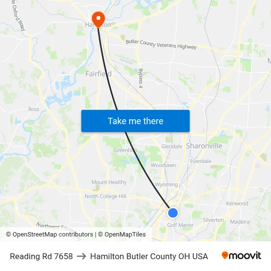 Reading Rd 7658 to Hamilton Butler County OH USA map