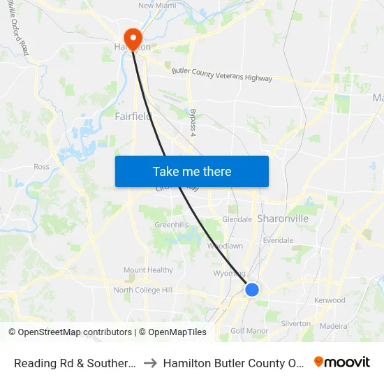 Reading Rd & Southern Ave to Hamilton Butler County OH USA map