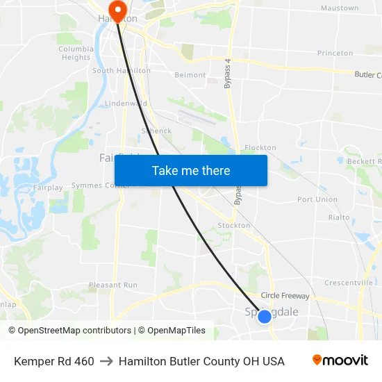 Kemper Rd 460 to Hamilton Butler County OH USA map