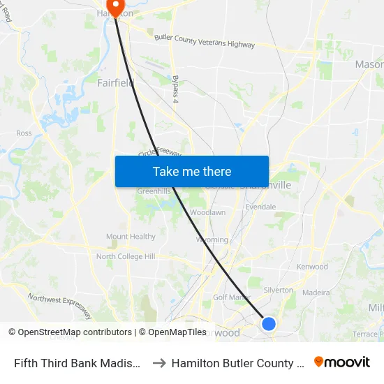 Fifth Third Bank Madisonville 2 to Hamilton Butler County OH USA map