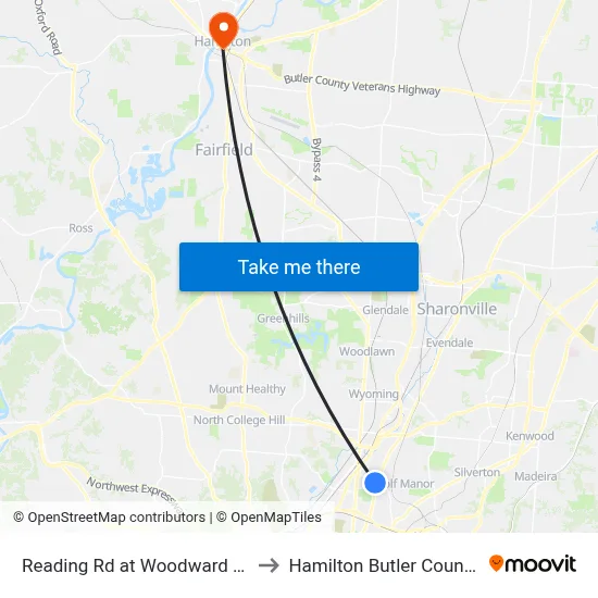 Reading Rd at Woodward High School to Hamilton Butler County OH USA map