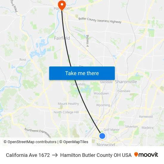 California Ave 1672 to Hamilton Butler County OH USA map