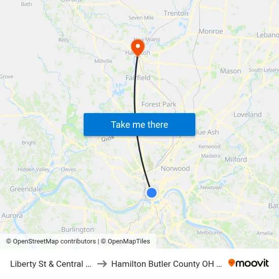Liberty St & Central Ave to Hamilton Butler County OH USA map