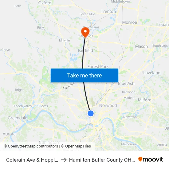 Colerain Ave & Hopple St to Hamilton Butler County OH USA map