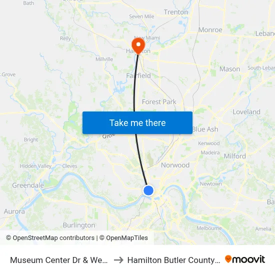 Museum Center Dr & Western Ave to Hamilton Butler County OH USA map