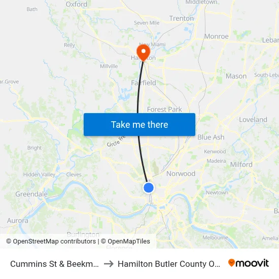 Cummins St & Beekman St to Hamilton Butler County OH USA map