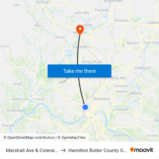 Marshall Ave & Colerain Ave to Hamilton Butler County OH USA map