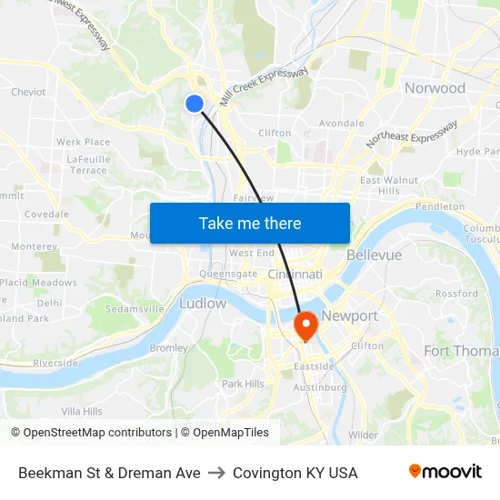 Beekman St & Dreman Ave to Covington KY USA map