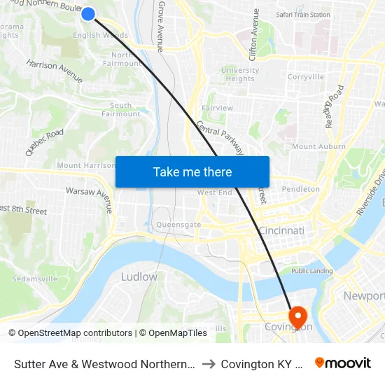Sutter Ave & Westwood Northern Blvd to Covington KY USA map