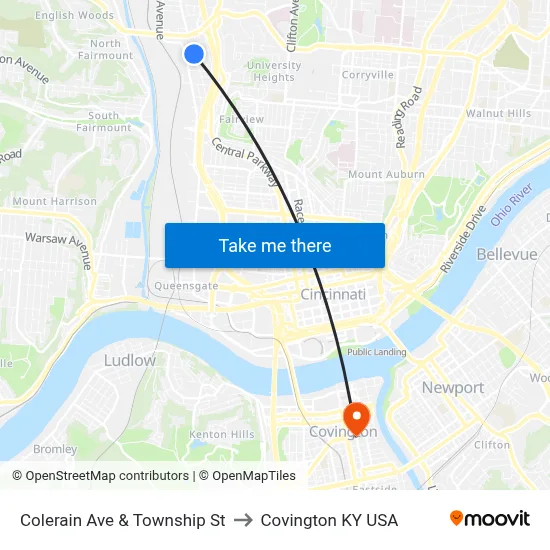 Colerain Ave & Township St to Covington KY USA map
