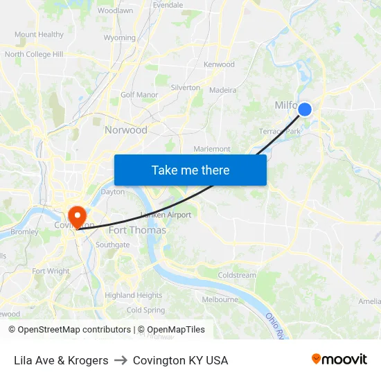 Lila Ave & Krogers to Covington KY USA map
