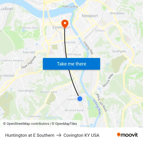 Huntington at E Southern to Covington KY USA map