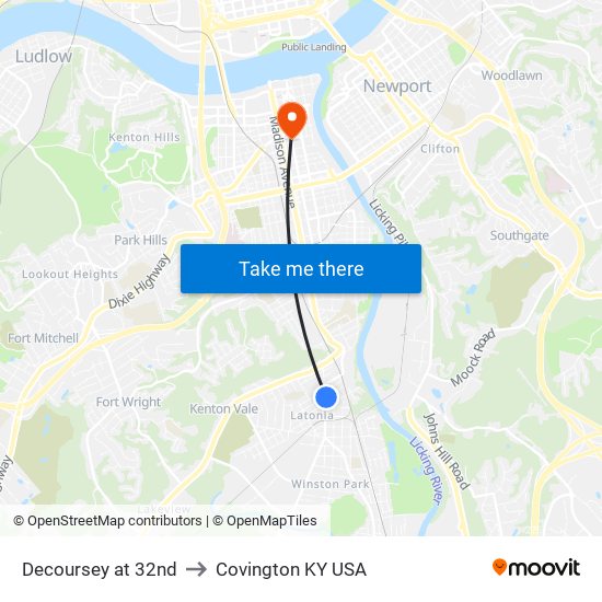 Decoursey at 32nd to Covington KY USA map