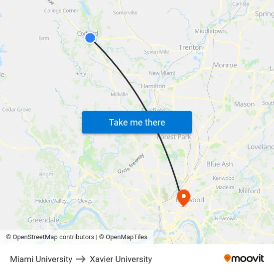 Miami University to Xavier University map