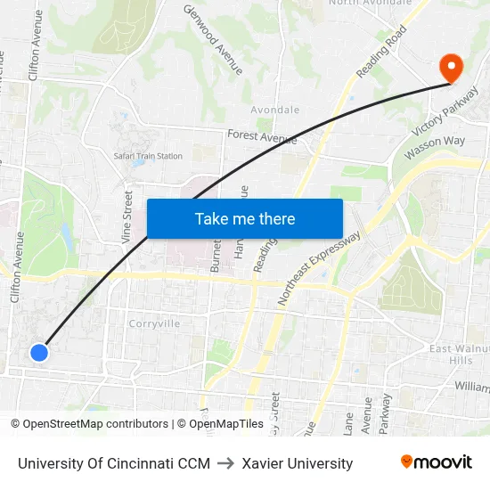 University Of Cincinnati CCM to Xavier University map