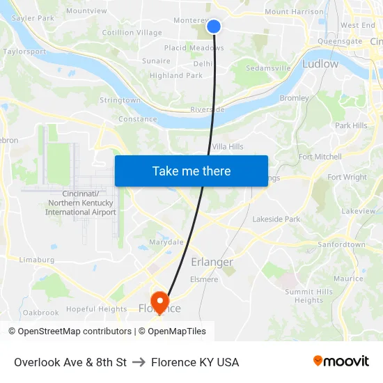 Overlook Ave & 8th St to Florence KY USA map