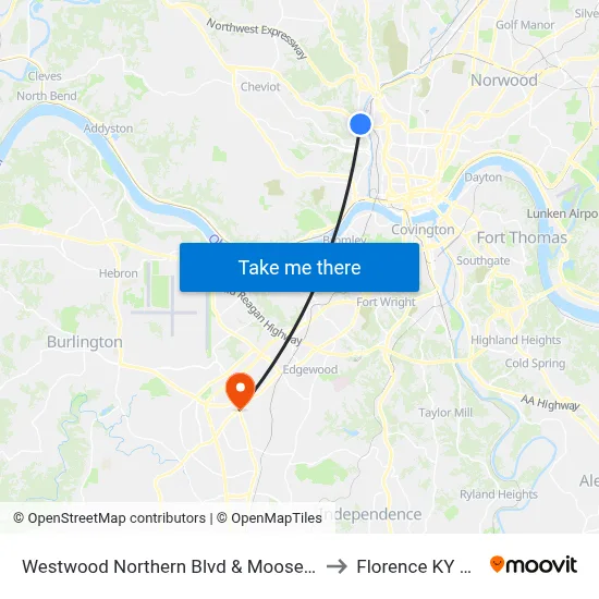 Westwood Northern Blvd & Moosewood to Florence KY USA map