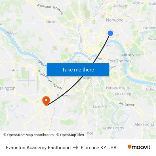 Evanston Academy Eastbound to Florence KY USA map