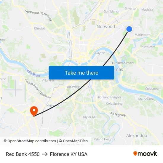 Red Bank 4550 to Florence KY USA map