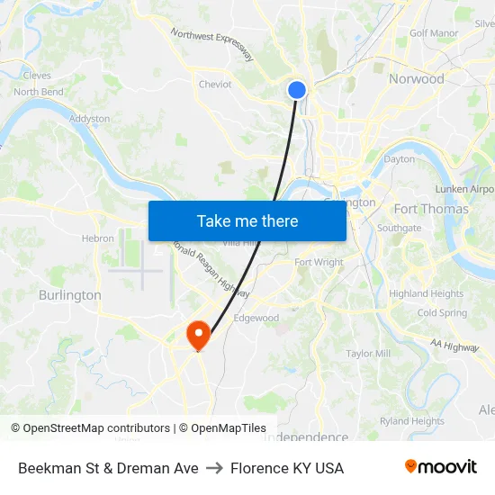 Beekman St & Dreman Ave to Florence KY USA map