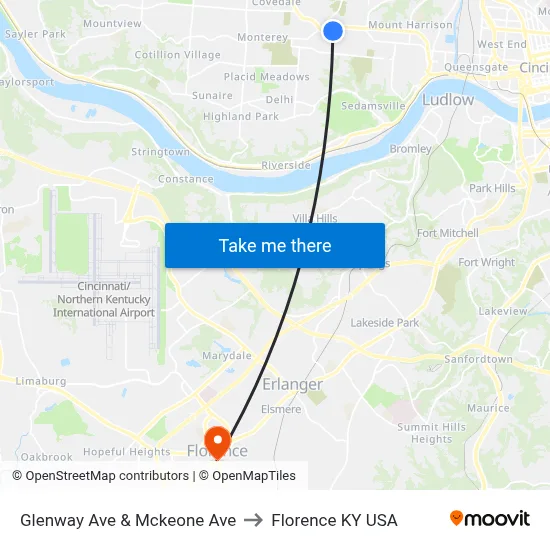 Glenway Ave & Mckeone Ave to Florence KY USA map