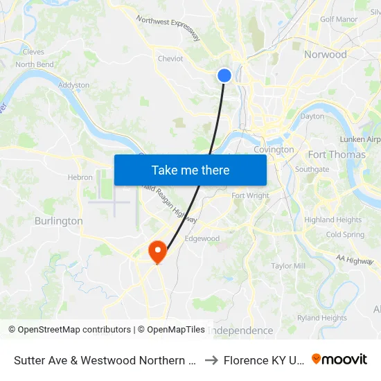 Sutter Ave & Westwood Northern Blvd to Florence KY USA map