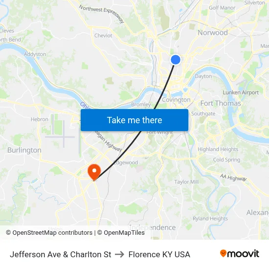 Jefferson Ave & Charlton St to Florence KY USA map
