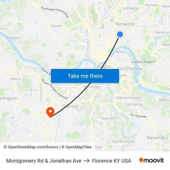 Montgomery Rd & Jonathan Ave to Florence KY USA map