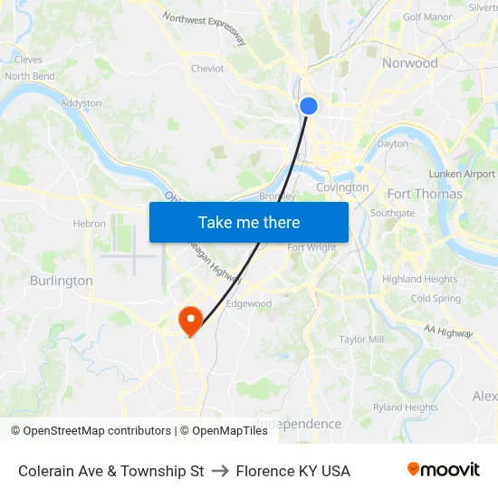 Colerain Ave & Township St to Florence KY USA map
