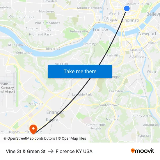 Vine St & Green St to Florence KY USA map