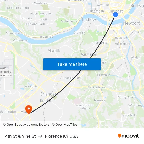 4th St & Vine St to Florence KY USA map