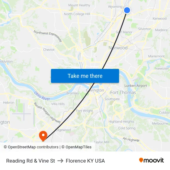 Reading Rd & Vine St to Florence KY USA map