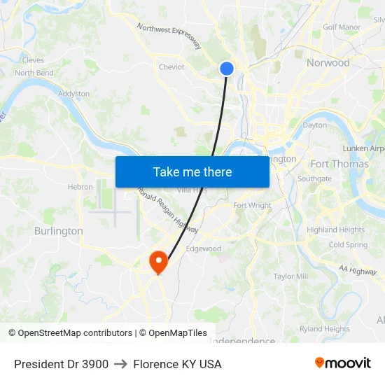 President Dr 3900 to Florence KY USA map